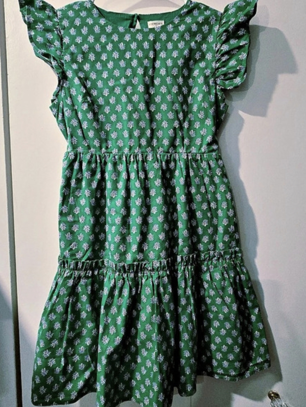 J.Crew Crewcuts Girls Size 12 Green Block Print Tiered Ruffle Dress Like New